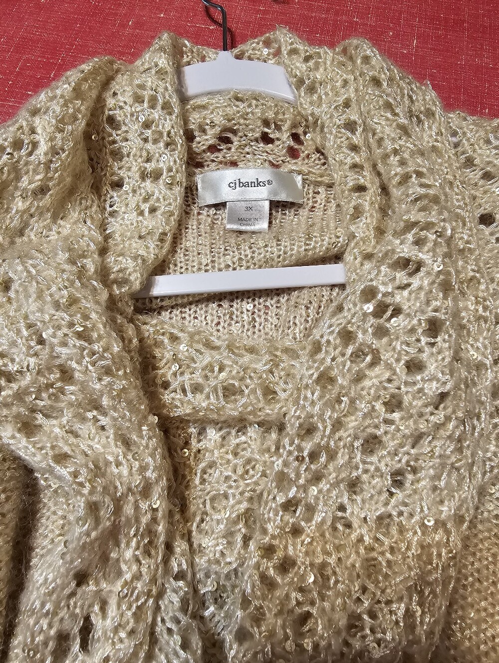 CJ Banks Beige Open-Knit Cowl Neck Selquined Sweater - Picture 3 of 3